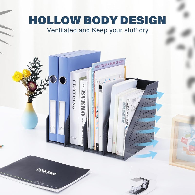 FRETONBA Collapsible Magazine File Holder with 4 Vertical Compartments Foldable Binder Holder for Desk Binder Storage Organizer Plastic Magazine Holders for Shelf, Dark Gray - Image 3